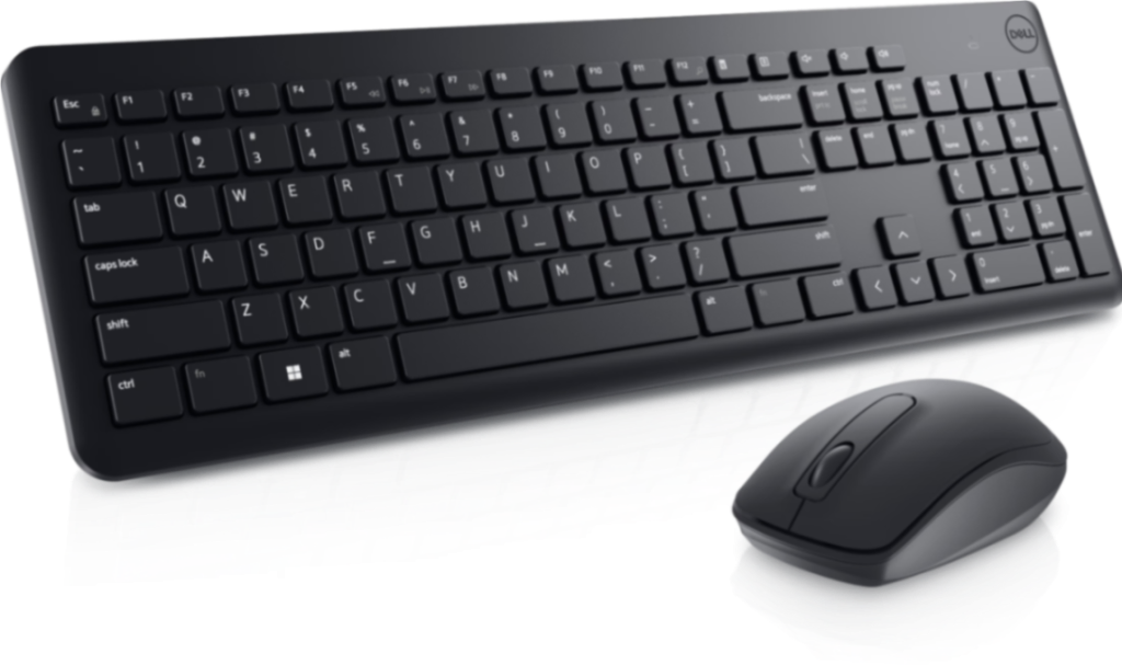 Wireless black keyboard and mouse set with a sleek design and reflective surface.