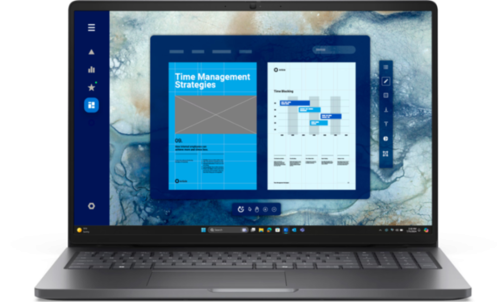 Laptop screen displays a blue time management strategy layout with charts and graphs.