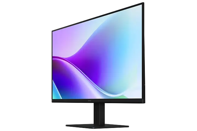Colorful monitor displaying a smooth gradient of blue and purple tones on a sleek black stand.