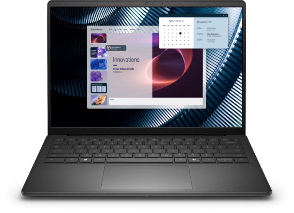 Laptop displaying a design software dashboard with calendar and notes sections open.