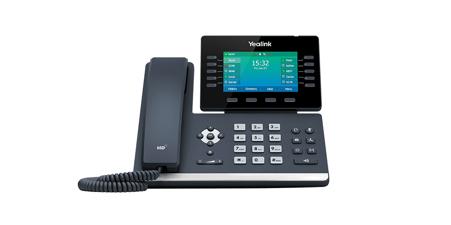 Yealink desk phone with a touchscreen display, keypad, and curly handset, in sleek black design.